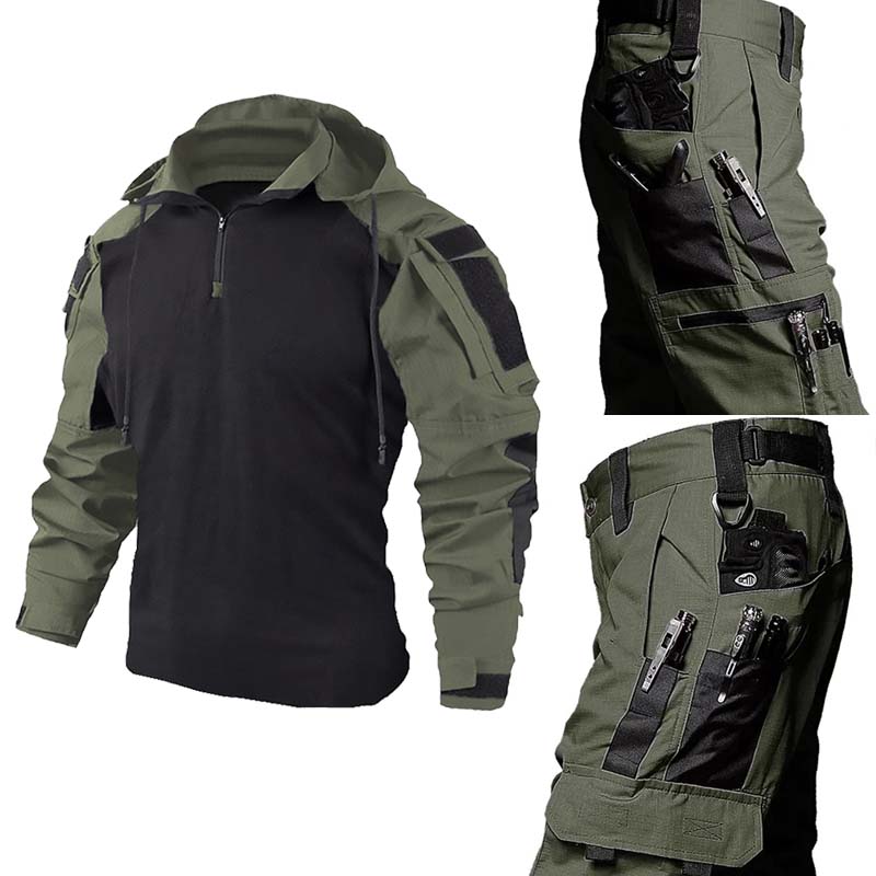 Hunting Outdoor Clothing - 戦術的な軍服セット通気性のあるフロッグシャツ+マルチポケットカーゴパンツ耐摩耗性コンバットスーツエアソフトハンティング用