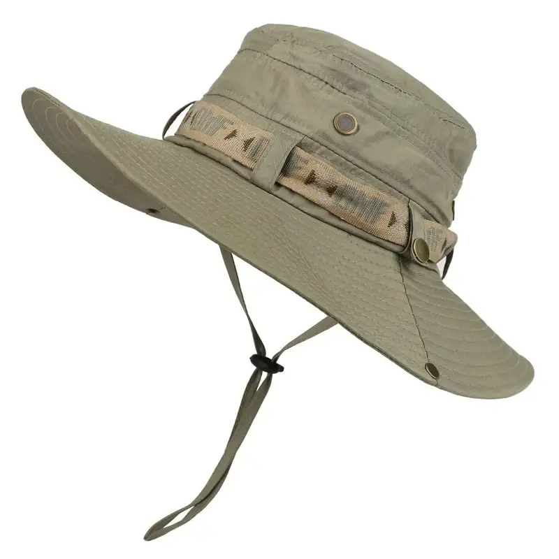 Mens Outdoor Hunting Hats - 夏の男性バケットハット屋外 UV 保護つば広パナマサファリ狩猟ハイキング帽子メッシュ漁師帽子ビーチ日焼け止めキャップ